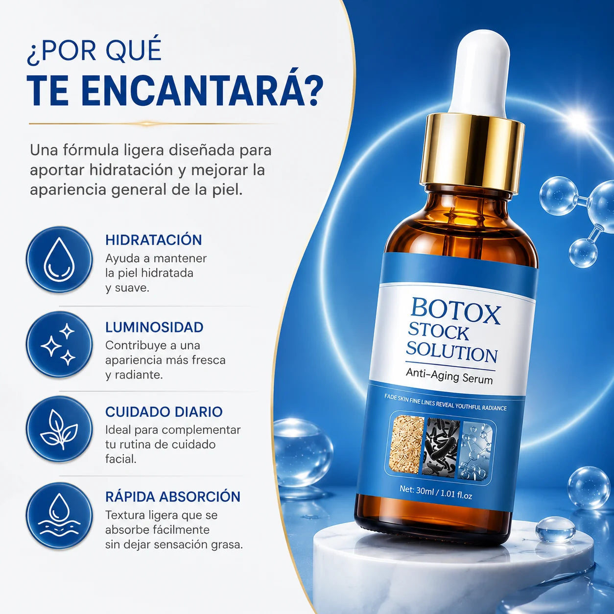 BOTOX STOCK SOLUTION™ Dale a tu piel una apariencia más suave, hidratada y radiante todos los días.