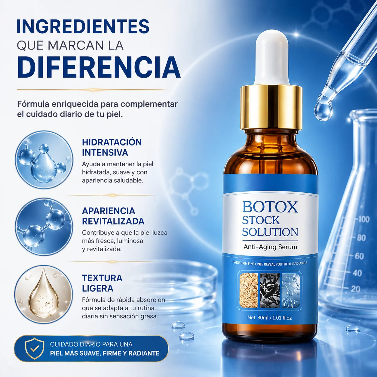 BOTOX STOCK SOLUTION™ Dale a tu piel una apariencia más suave, hidratada y radiante todos los días.