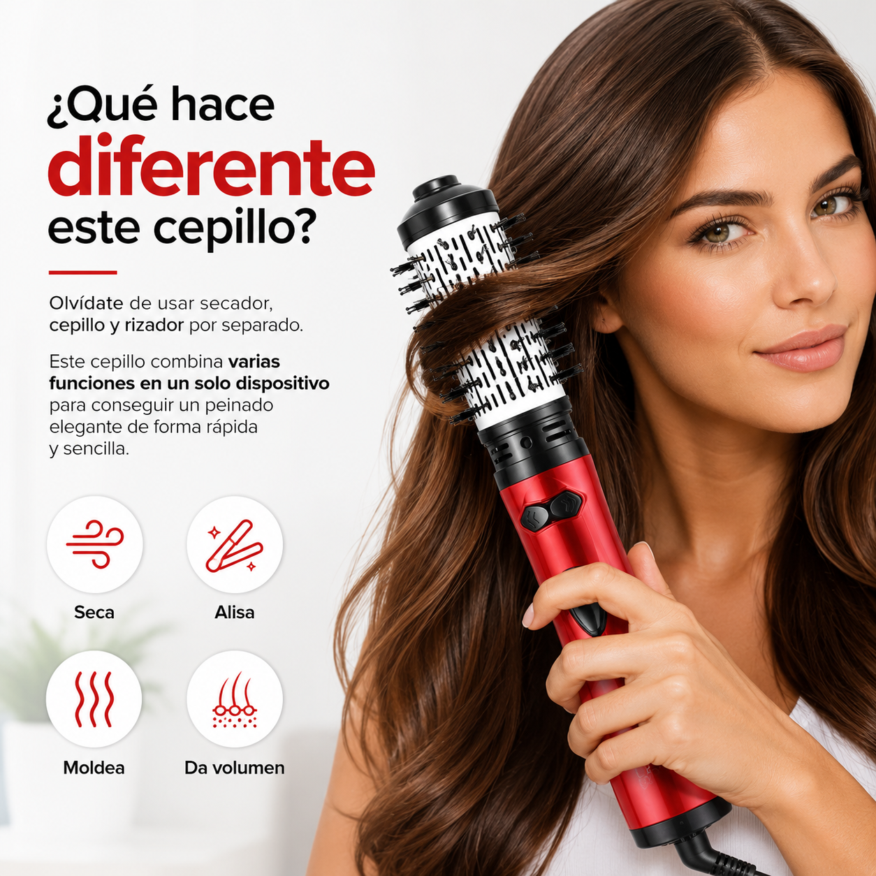 Cepillo Secador Giratorio 2 en 1 - Seca, alisa y da volumen a tu cabello en menos tiempo, desde la comodidad de tu casa.
