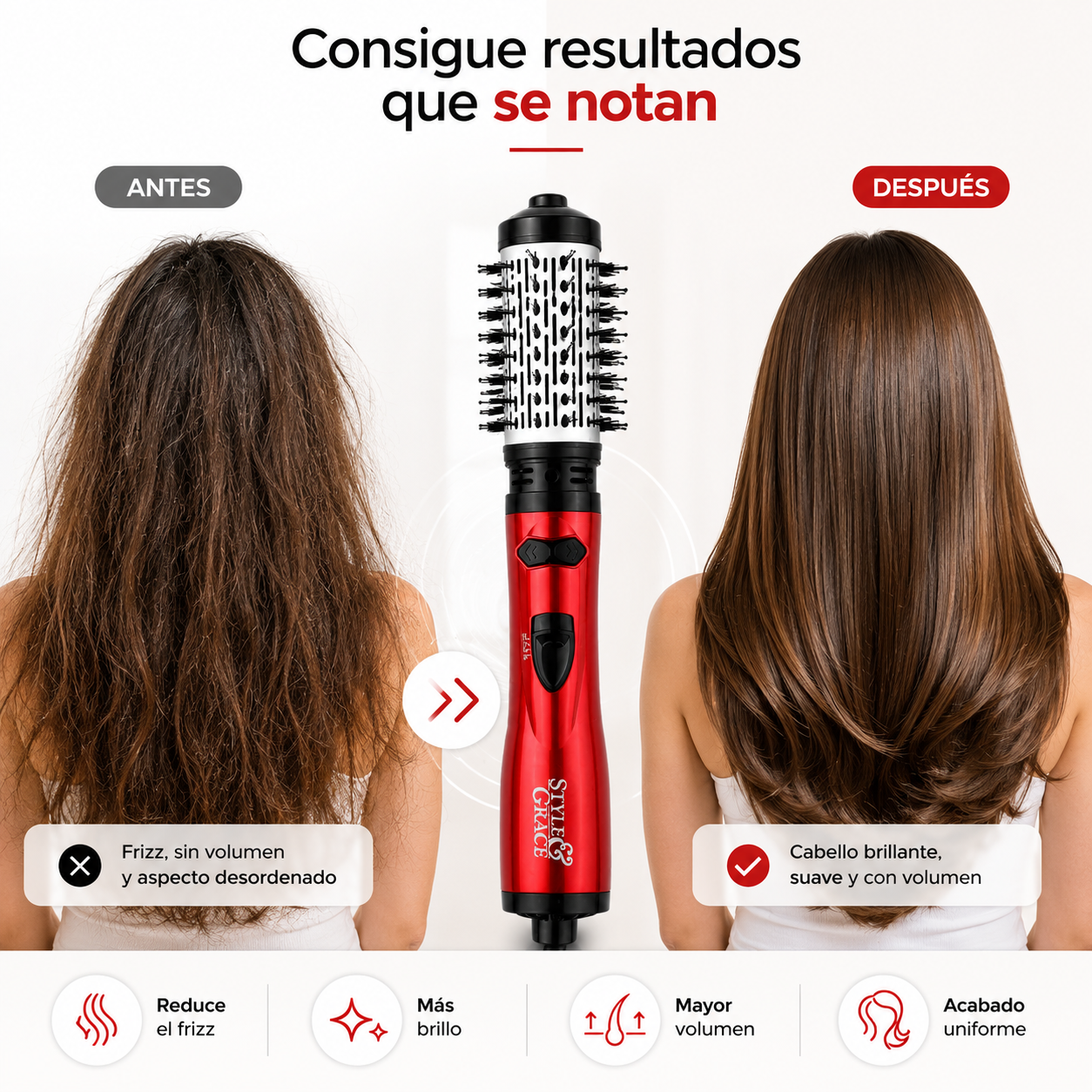 Cepillo Secador Giratorio 2 en 1 - Seca, alisa y da volumen a tu cabello en menos tiempo, desde la comodidad de tu casa.
