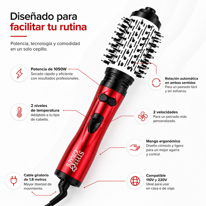 Cepillo Secador Giratorio 2 en 1 - Seca, alisa y da volumen a tu cabello en menos tiempo, desde la comodidad de tu casa.