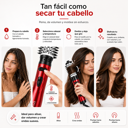 Cepillo Secador Giratorio 2 en 1 - Seca, alisa y da volumen a tu cabello en menos tiempo, desde la comodidad de tu casa.