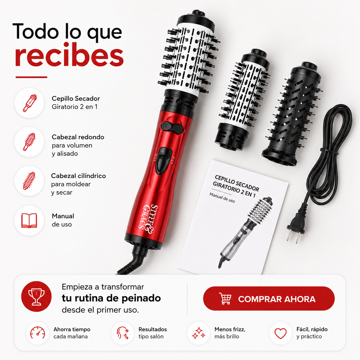 Cepillo Secador Giratorio 2 en 1 - Seca, alisa y da volumen a tu cabello en menos tiempo, desde la comodidad de tu casa.