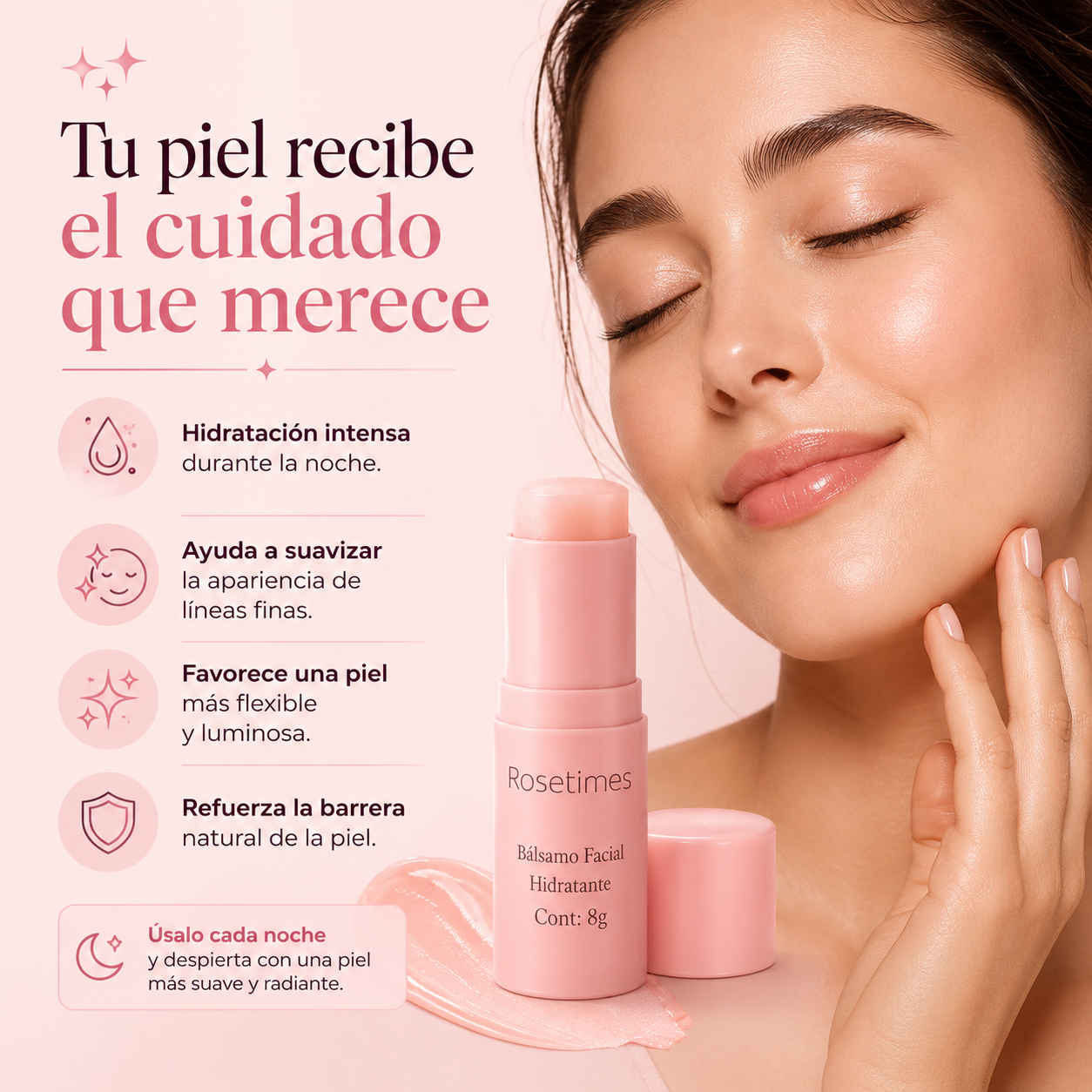 Rosetimes® Pack x2 | Bálsamo Facial Hidratante en Stick para una Piel Suave, Luminosa y Radiante Cada Mañana