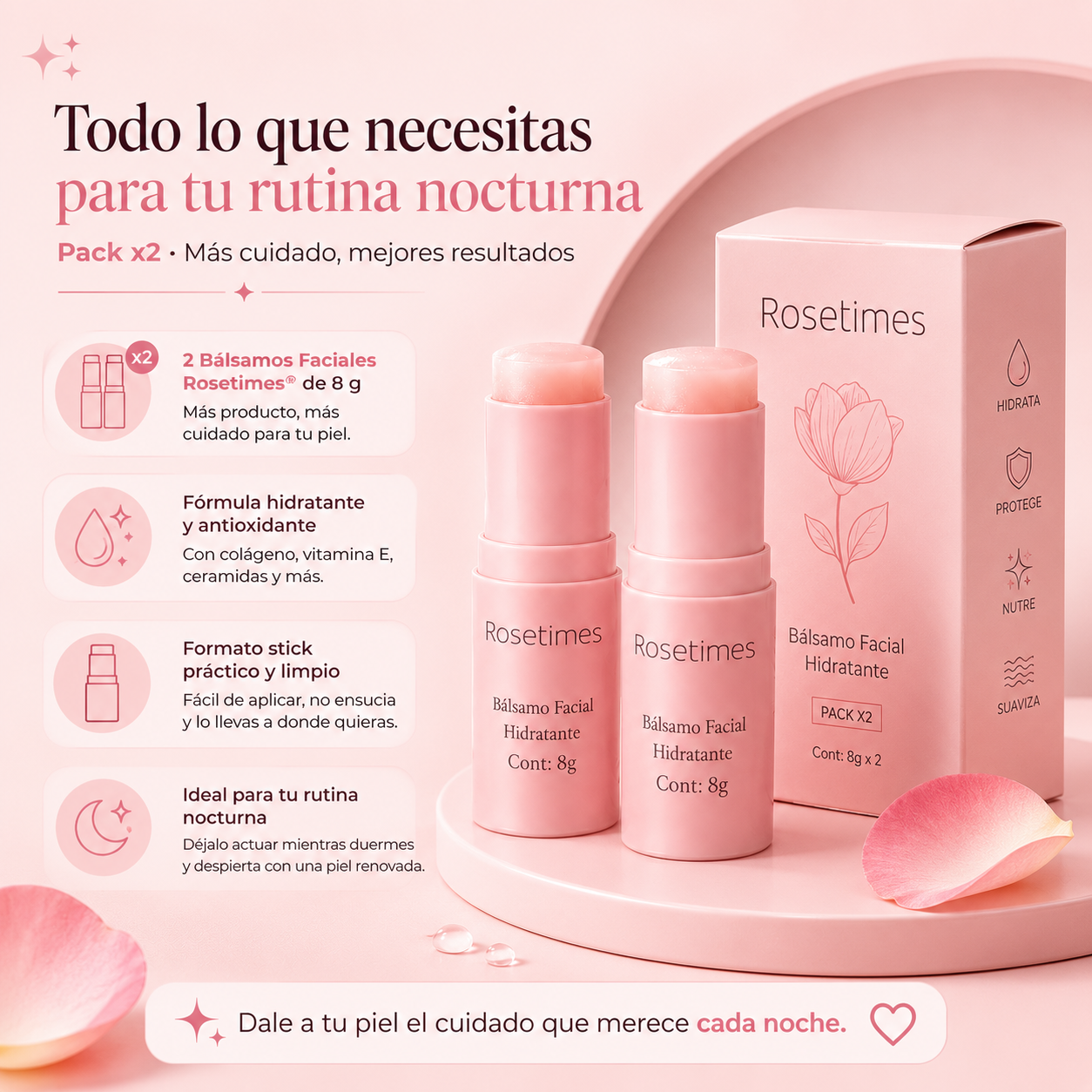 Rosetimes® Pack x2 | Bálsamo Facial Hidratante en Stick para una Piel Suave, Luminosa y Radiante Cada Mañana