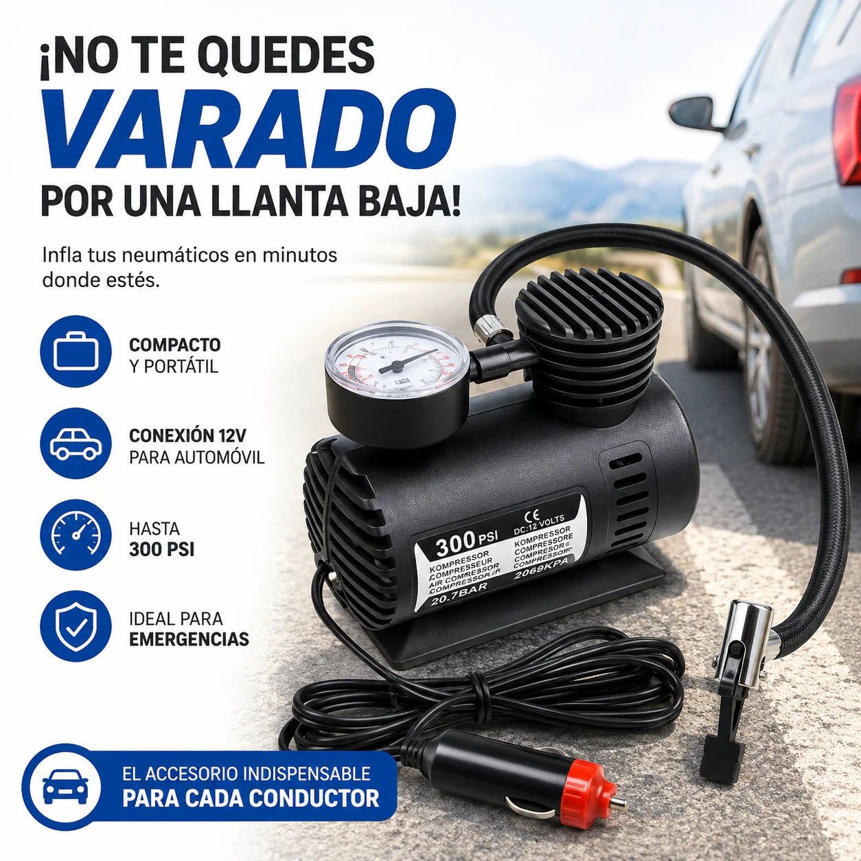 Mini Compresor de Aire 12V - Mantén tus llantas listas para el camino en cualquier momento