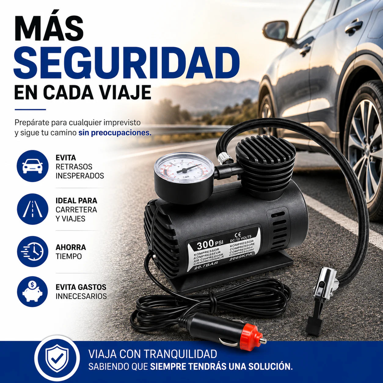 Mini Compresor de Aire 12V - Mantén tus llantas listas para el camino en cualquier momento