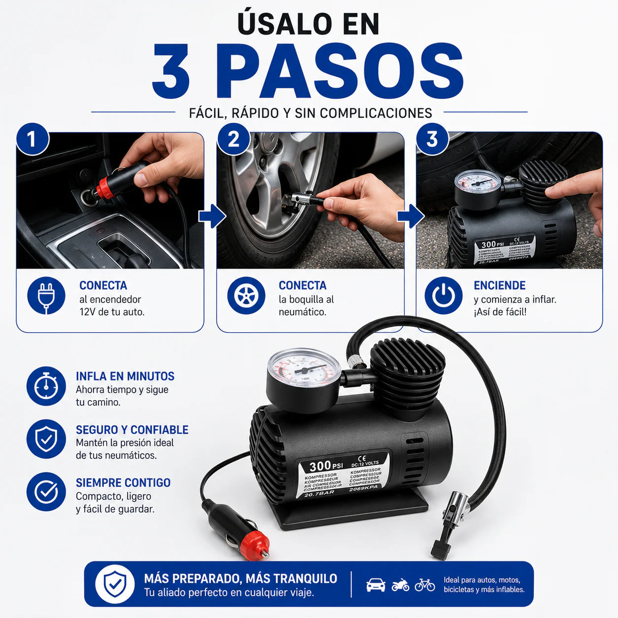 Mini Compresor de Aire 12V - Mantén tus llantas listas para el camino en cualquier momento